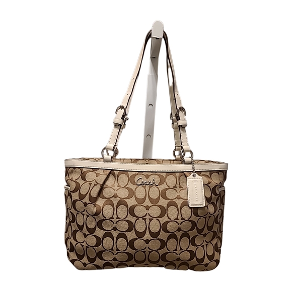 Coach Gallery Khaki & White Leather Trimed Tote Shoulder Bag M1181-17726 EUC - Picture 1 of 13